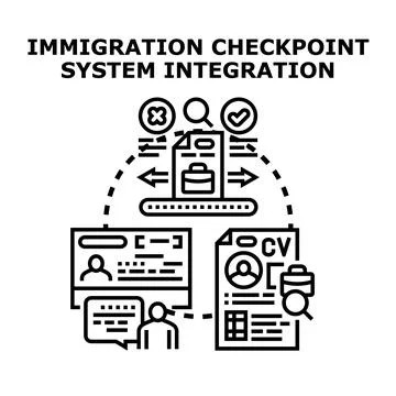 Immigration checkpoint system integration processing documents イラスト素材