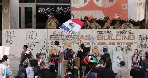 Immigration Customs Enforcement ICE Protest Los Angeles Mexican Flag Stock Footage 311088793