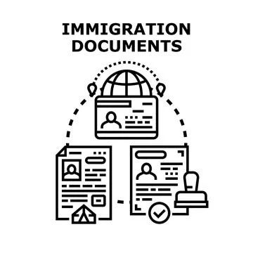 Immigration documents featuring identification cards and visa approvals Stock Illustration
