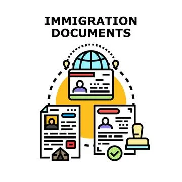 Immigration documents featuring identification cards and visa approvals Stock Illustration