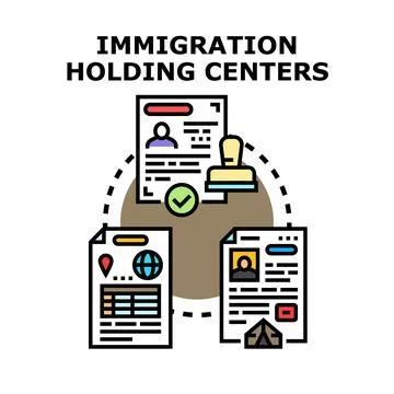 Immigration holding centers processing migrant documentation and asylum app.. Stock Illustration
