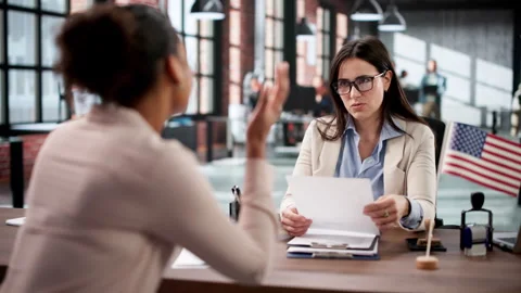 Immigration Interview. Shocked Woman's Application Stock Footage 329305783