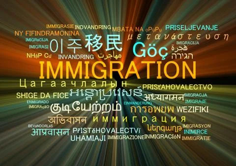 Immigration multilanguage wordcloud background concept glowing Stock Illustration