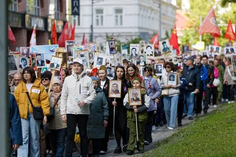 Immortal Regiment procession in memory of Great Patriotic War with fascists Stock Photos
