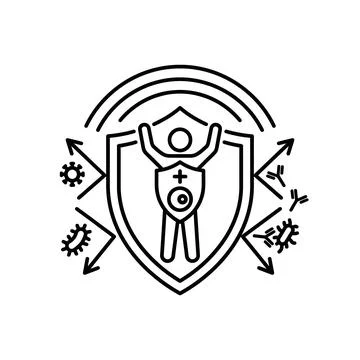 Immune system outline icon with human figure protected by shield and antibo.. Stock Illustration