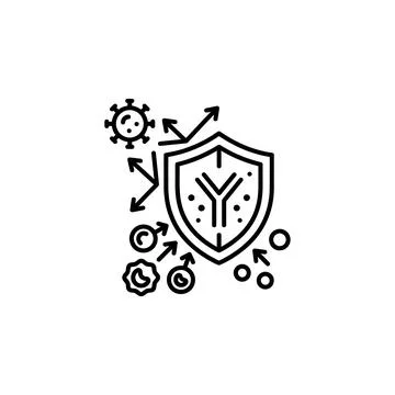 Immune system outline icon with shield deflecting viruses and harmful cells. Stock Illustration