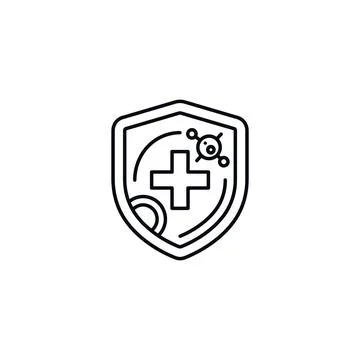 Immune system outline icon with shield and cross medical sign on white back.. Stock Illustration