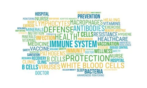Immune system themed word cloud highlighting antibodies and infection prote.. 스톡 일러스트