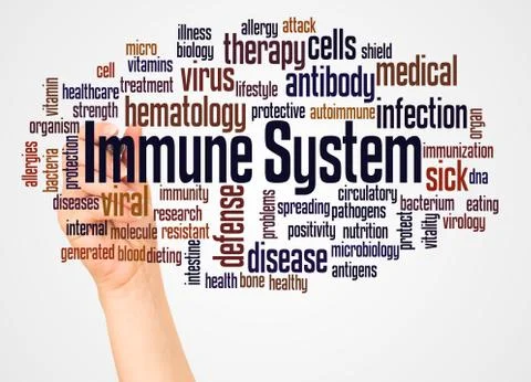 Immune system word cloud and hand with marker concept Stock Photos