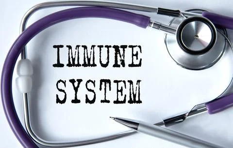 IMMUNE SYSTEM - words on white background with pen and stethoscope Stock Photos