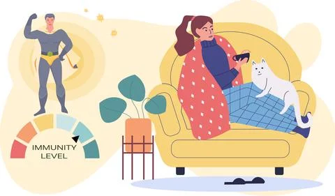 Immunity level increase during recovery. Sick woman drinking tea with lemon on Stock Illustration