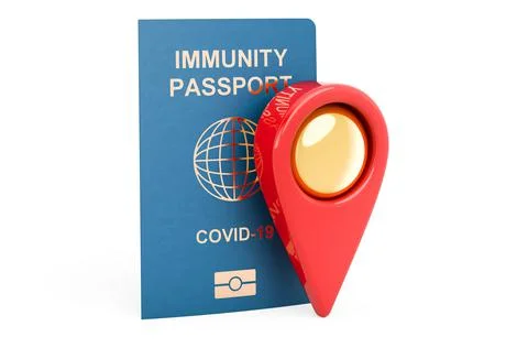 Immunity passport with map pointer. 3D rendering 库存插图
