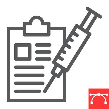 Immunization program line icon, vaccine and injection, clipboard with syringe Stock Illustration