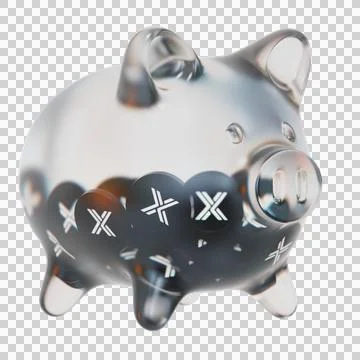 Immutable X (IMX) Clear Glass piggy bank with decreasing piles of crypto coins 库存插图