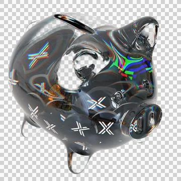 Immutable X (IMX) Clear Glass piggy bank with decreasing piles of crypto coins 库存插图