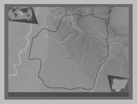 Imo, Nigeria. Grayscale elevation map with lakes and rivers 库存插图