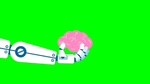 Impact of modern technologies on human thinking. Robot`s hand holds human brain Stock Footage 275823438