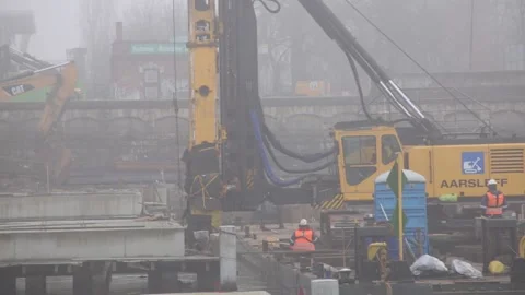 Impact pile driver on board the barge. New bridge construction site. 4361 Stock Footage 147262793