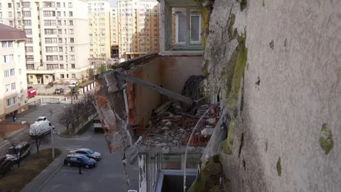 Impact of shell inside building after rocket attack in Kyiv, Ukraine Stock Footage 260738365