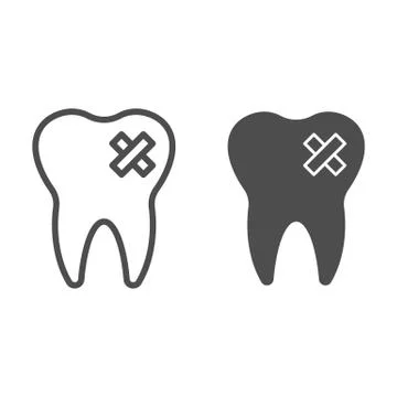 Impacted caries problem line and solid icon. Bad tooth with cross patch symbol イラスト素材