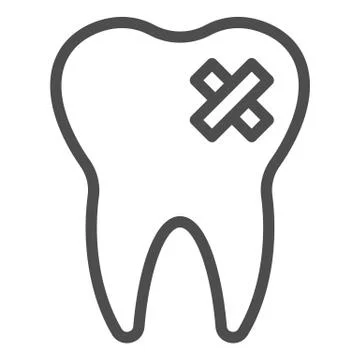 Impacted caries problem line icon. Bad tooth with cross patch symbol, outline Stock Illustration
