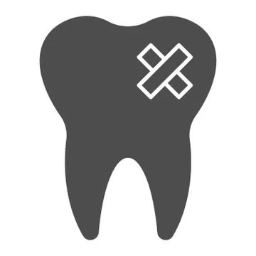 Impacted caries problem solid icon. Bad tooth with cross patch symbol, glyph Stockillustratie