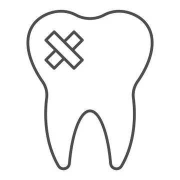 Impacted caries problem thin line icon. Bad tooth with cross patch symbol イラスト素材