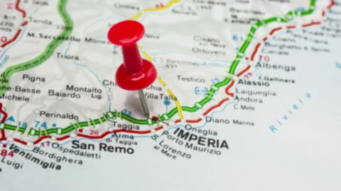 Imperia pinned on a map of Italy Stock Footage 177361248