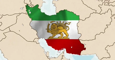 The imperial iran flag waving inside the country on a world map Stock Footage 339033247