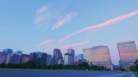 Imperial Palace Outer Garden View of Tokyo Skyscrapers at Sunset Japan Stock Footage 344335782