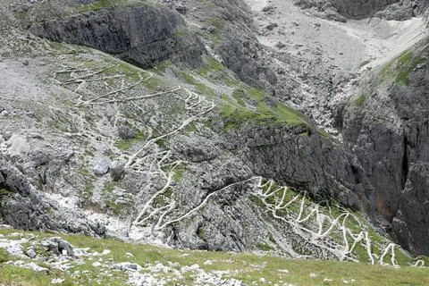 Impervious Zig Zag trail in the Dolomites Mountains on the Alps in summer in  스톡 사진