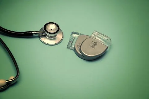 Implantable pacemaker devices such as ICD and CRT devices with a stethoscope. Stock Photos