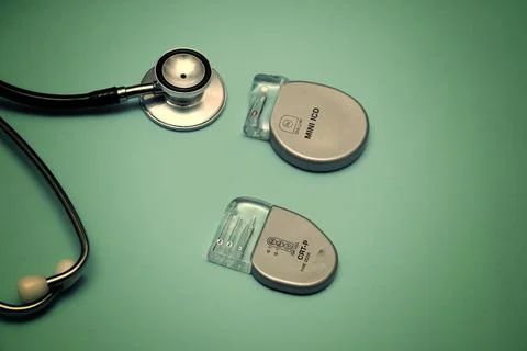 Implantable pacemaker devices such as ICD and CRT devices with a stethoscope. Stock Photos