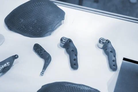 Implants and prostheses printed on 3D printer from biocompatible titanium powder Stock Photos