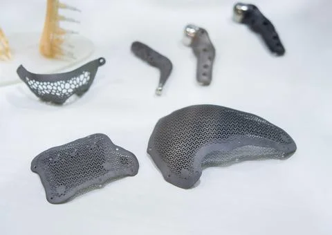 Implants and prostheses printed on 3D printer from biocompatible titanium powder Stock Photos