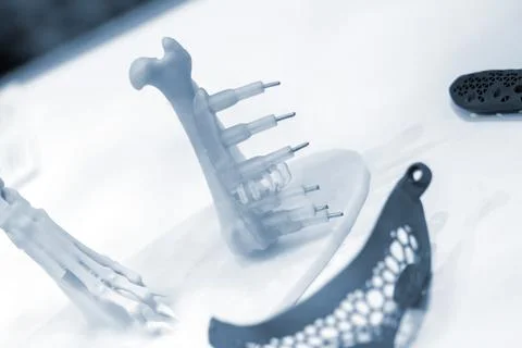 Implants and prostheses printed on 3D printer from biocompatible titanium powder Stock Photos