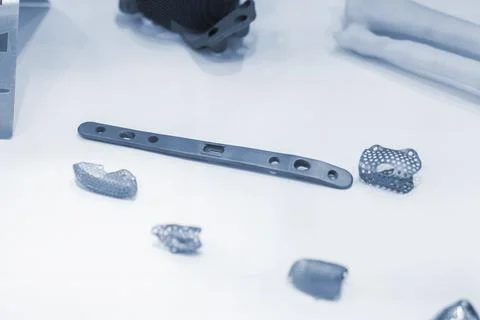 Implants and prostheses printed on 3D printer from biocompatible titanium powder Stock Photos