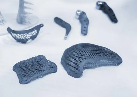 Implants and prostheses printed on 3D printer from biocompatible titanium powder Stock Photos
