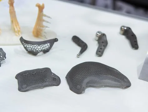 Implants and prostheses printed on 3D printer from biocompatible titanium powder Stock Photos