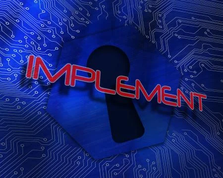 Implement against keyhole graphic on blue background Illustrazione stock
