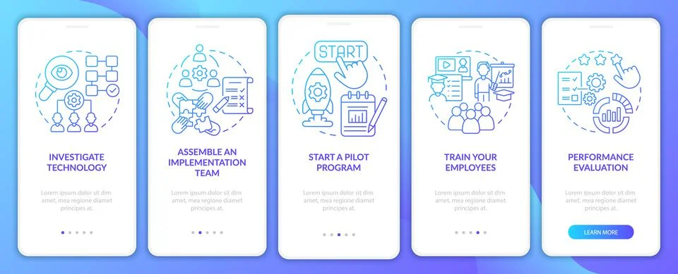 Implement technology steps onboarding mobile app page screen Stock Illustration