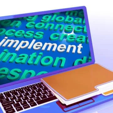 Implement Word Cloud Laptop Shows Implementing Or Execute A Plan Stock Illustration