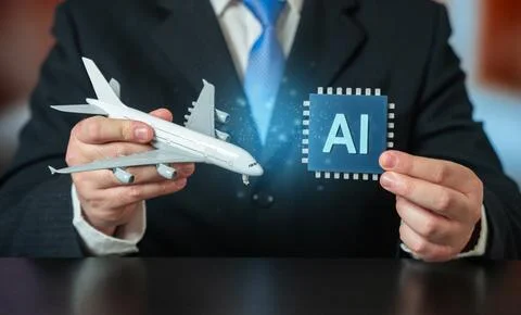 Implementation of AI in aviation and flight management. Airplane and AI mic.. Stock Photos