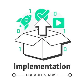 Implementation flat outline concept icon Stock Illustration