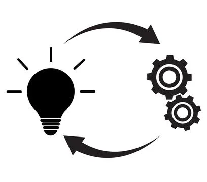 Implementation icon on white background. Light bulb with gear and circulating Stock Illustration