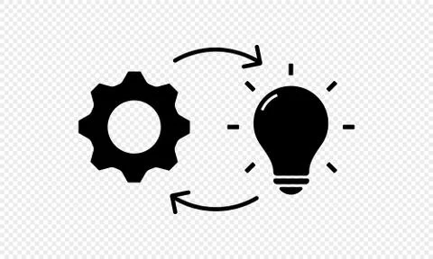 Implementation line icon. Lamp with gears. Vector on isolated transparent bac Stock Illustration