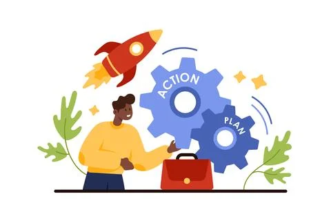 Implementation process, business project development strategy by tiny Stock Illustration