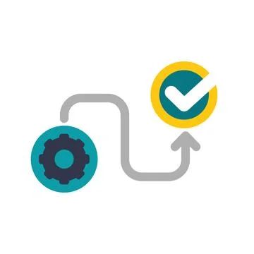 Implementation process starting with a gear and leading to a check mark, symb 스톡 일러스트