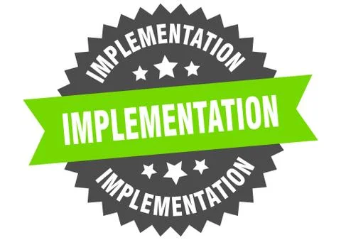 Implementation round isolated ribbon label. implementation sign Stock Illustration