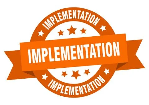 Implementation round ribbon isolated label. implementation sign 스톡 일러스트